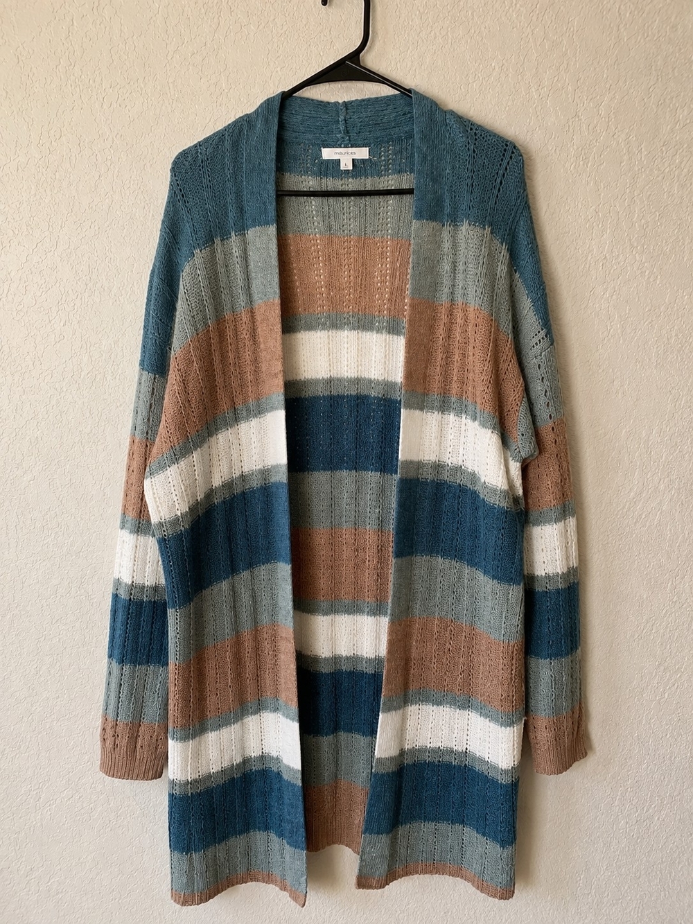 Maurices Open-Front Striped Cardigan in Teal, Cream & Brown